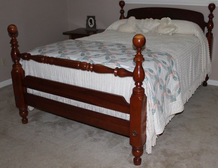 Vintage Cherry Cannonball  Turned Spindle Bed (Stearns & Foster Full Mattress Set).  Shown with a Linen source Chenille Natural Queen Bedspread with a Double Wedding Ring Patchwork Quilt folded at foot.