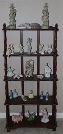 Vintage Turned Spindle 5-Shelf Whatnot Cabinet shown with numerous Vintage Porcelain Figurines, Etc.
