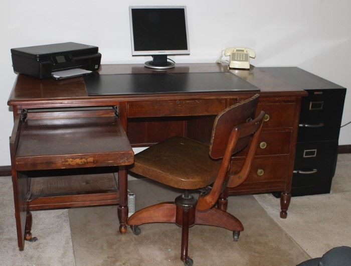 Vintage Mahogany Desk shown with Antique Swivel Office Chair and 2-Drawer Metal File Cabinet