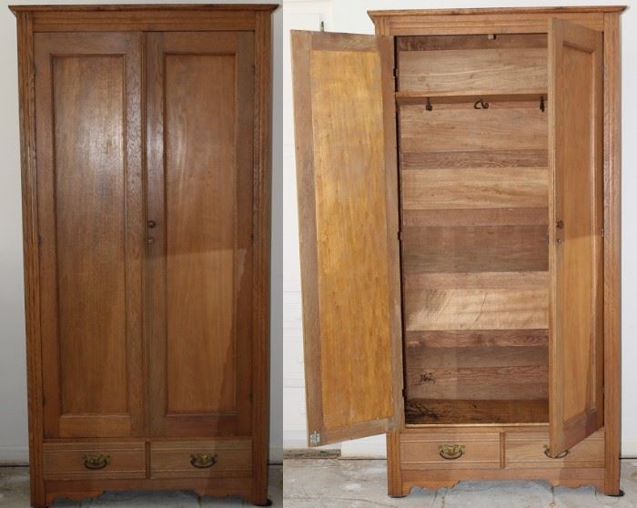 Antique Oak 2-Door Armoire with 2 Lower Drawers.  View showing closed and open. (78"H x 40"W x 17"D)