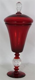Red Art Glass Compote with Controlled Bubble Finial and Ball Stem (16.5"H)