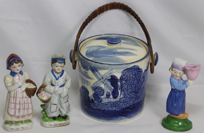 Japan Dutch Couple 5" Figurines, Japan Hand Painted Blue and White Windmill Holland Scene Biscuit Jar w/Wicker Handle and Germany Dutch Boy Candle Holder (5")