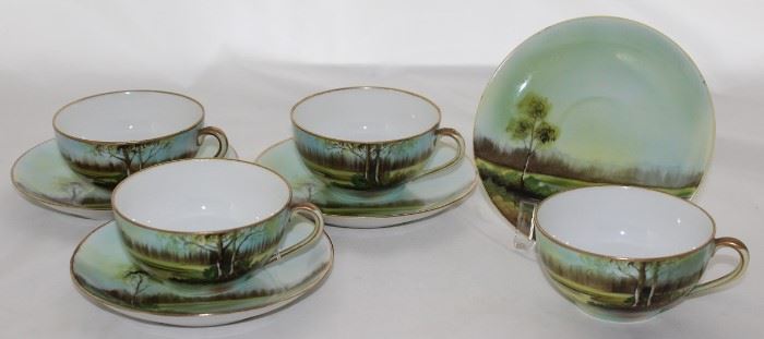 Nippon Moriage Bros. Hand Painted Porcelain Cup and Saucer Set (4 sets) 
