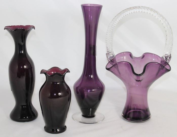 Black Amethyst 8" & 5" Vase, Footed Amethyst 10" Bud Vase and Blown Art Glass Amethyst Basket with attached clear Handle