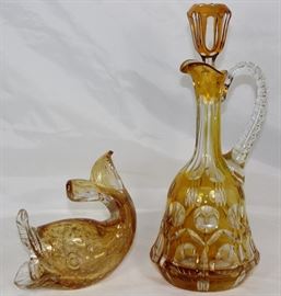 Italian Controlled Bubble Blown Art Glass Open Mouth Fish and Yellow Cut to Clear Crystal Ewer Decanter