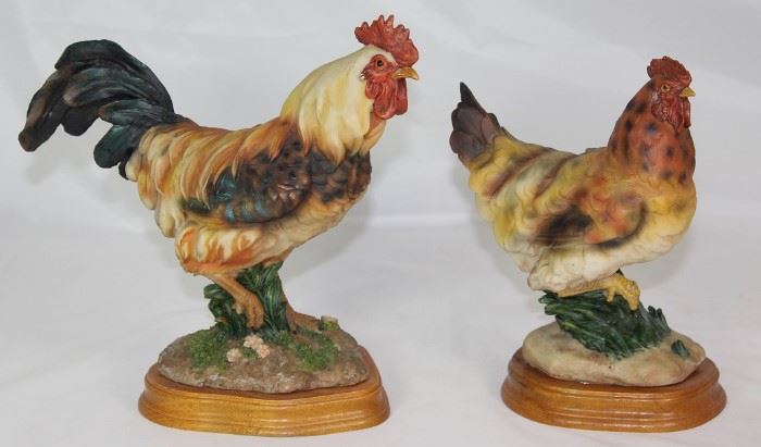 Resin Hen & Rooster Figurines on Wood Base
