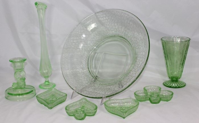 Depression Era Green Vaseline Glass: Tiffin "Dolphin" 4.5" Candlestick, Footed 10.5" Bud Vase, Jeanette Glass Co. "Crackle" Pattern 11" Console Bowl, Jeanette Glass Co.  "Floral Green"  Lemonade RumblerTumbler and Indiana Tiara "Daisy" Bridge Ashtray Set