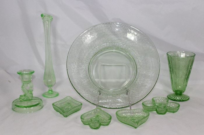 Depression Era Green Vaseline Glass: Tiffin "Dolphin" 4.5" Candlestick, Footed 10.5" Bud Vase, Jeanette Glass Co. "Crackle" Pattern 11" Console Bowl, Jeanette Glass Co.  "Floral Green"  Lemonade Tumbler and Indiana Tiara "Daisy" Bridge Ashtray Set