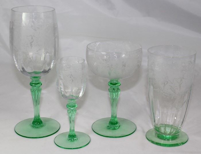 Tiffin-Franciscan "Luciana" Etched Cut Green Stem Crystal:   Water Goblets(11), Tall sherbet/Champagne (9), Footed Ice Tea Tumblers (5), Liqueur(1) and Footed 10.5" Bud Vase (Not Shown)