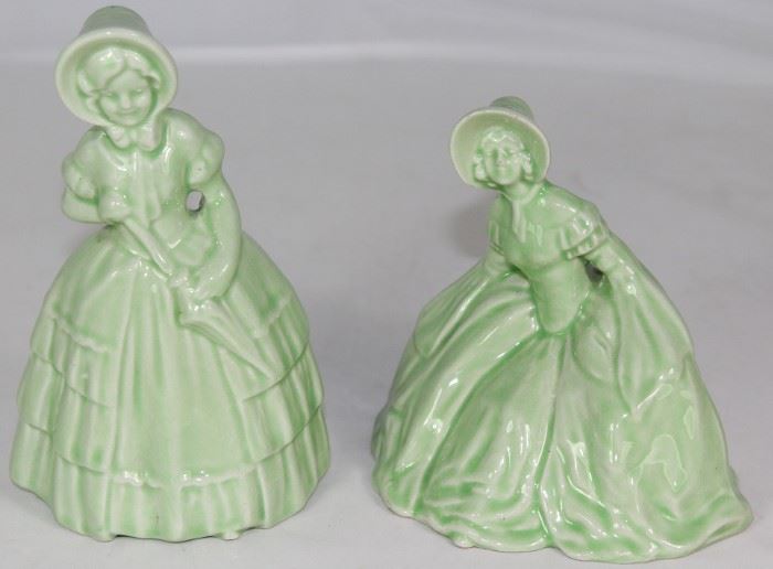 Vintage 1940's Green Pottery Colonial Lady Figurines 