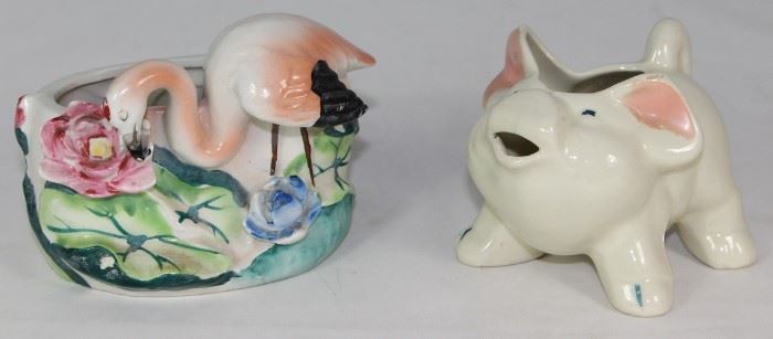 Mid-Century Made in Occupied Japan Flamingo Vase/Planter and USA Pottery Piggy Creamer