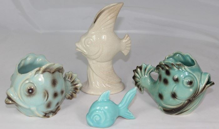 Mid-Century White Pottery Angel Fish Vase, Japan Turquoise and Black Fish Vases and McCoy Miniature Turquoise Fish Figurine