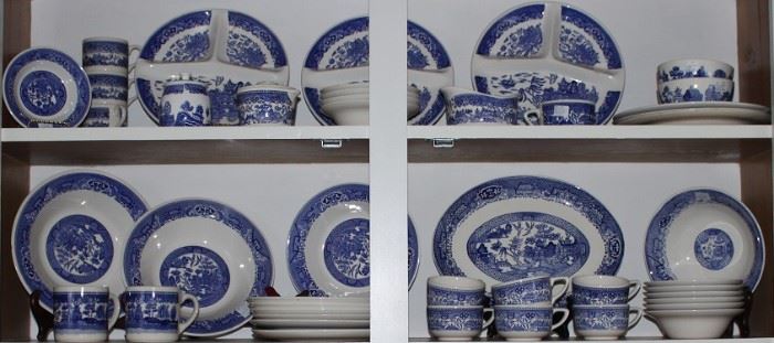 Royal China & Made in USA "Blue Willow" Dinnerware: Dinner Plates (7), Luncheon Plates (6), Grill Plates (3), several style cups (10 total), Mugs (2), Berry Bowls (5), Cereal Bowls (2), Gravy Boat, Sugar w/Lid & Creamer, Round Vegetable Platter, Small Rimmed Serving Bowl and 2 Large Rimmed Serving Bowls.