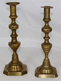 Antique Solid Brass Beehive/Diamond Candlesticks w/Ejection Rod.  I2"H & 11"H