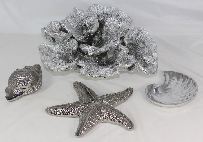 Three Hands Silver Resin Coral Decor, Aluminum Small Conch Shell, Star Fish and Polished Aluminum Shell Tray
