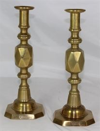 Queen of Diamonds Solid Brass Candlesticks (1897-1939) James Clews & Sons Birmingham England made in Celebration of the Diamond Jubilee of Queen Victoria. (11.5"H  x  4.5" across base)