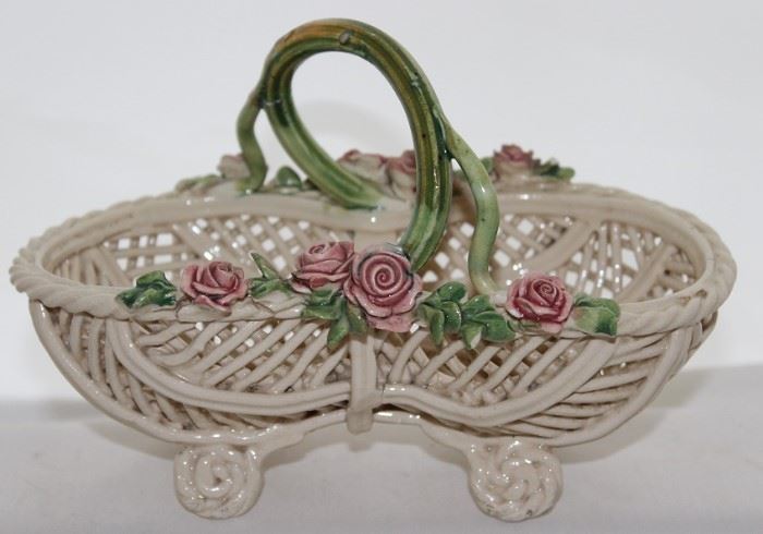 Small Italian Porcelain Footed Basket with Applied Roses