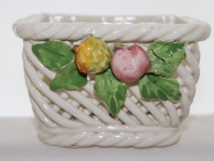 Small Italian Porcelain Square Basket with Applied Fruit