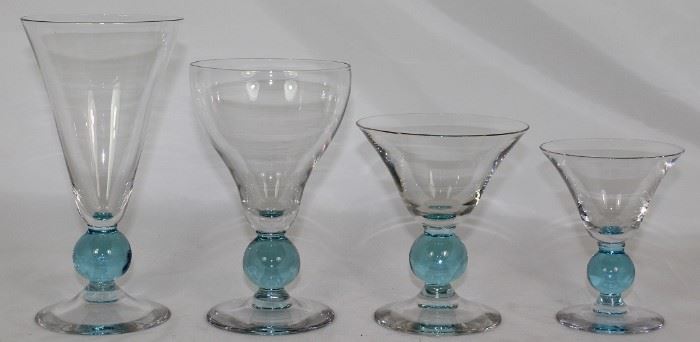 "Apollo" Cerulean (Blue Stem) by Bryce: c. 1947.  7" Iced Tea Goblets (9 ea.),  6" Water Goblets (2 ea.), 4 5/8" Champagne/Sherbet (8 ea.) & 4" Sherry (7 ea.)