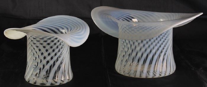 Fenton c. 1939 "Spiral Optic" Opalescent Top Hats:  Largest (6 3/4" H x 12"L x 9 1/8"W) Smaller (6" x 9")