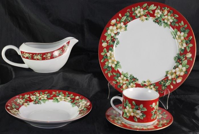 Sakura "Splendor" Christmas China, 3 piece Service for 8:  Dinner Plates, Rimmed Soup/Salad, Cups and Saucers and a Gravy Boat