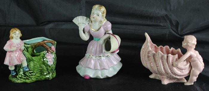 Ceramic Hand Painted Girl Figure w/ Green Foliage Vase (5"x 5" x 3"), Japan Girl w/Fan Figural Flower Basket Vase (7") & (Japan) Putti w/Seashell Pink Glazed Planter (5"H x 6"W)