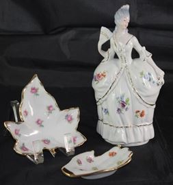 Limoges Porcelain Leaf and Hand Tray shown with Colonial Lady 7" Figurine (Germany)