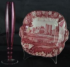 Enoch Woods & Sons Castles "Stokesay" Red  Transferware Tab-Handle Square 6.75" Serving Dish shown with  Cranberry RT Glass 11" Bud Vase 