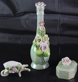Germany Green Lustre Ware with Applied Roses: Miniature Wheelbarrow, Cologne Bottle and Small Trinket Box