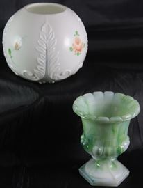 Handpainted Rose Bowl and Aero Agate Green Slag Urn Toothpick Holder