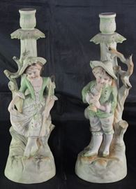 Occupied Japan Hand Painted Porcelain Bisque Candle Holders: "Bo Peep" & "Little Boy Blue"
