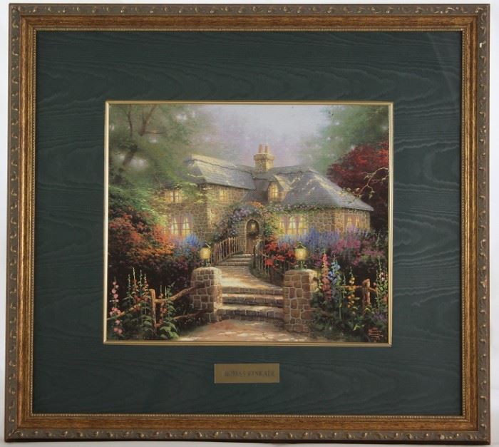 Thomas Kincaid "Hollyhock Cottage" Moire Taffeta Matted Print in a Gold Gilt Frame