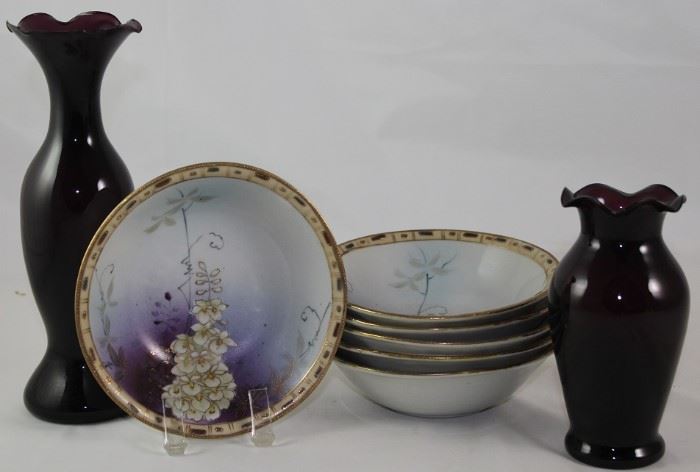 Nippon Hand Painted Berry Bowls (Set of 6) shown with Black Amethyst Vases (8" & 5")