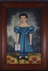 American Folk Art Original Oil on Canvas Child Portrait - Unsigned Framed  (16 3/4" x 24")