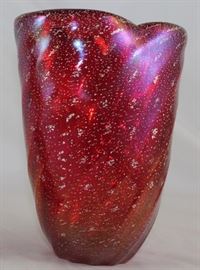 Mica Flecks Ruby Red Murano Style Art Glass Vase (8.25"H)