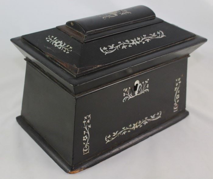 Antique Ebonized  Mother of Pearl Inlay Antique English Tea Caddy