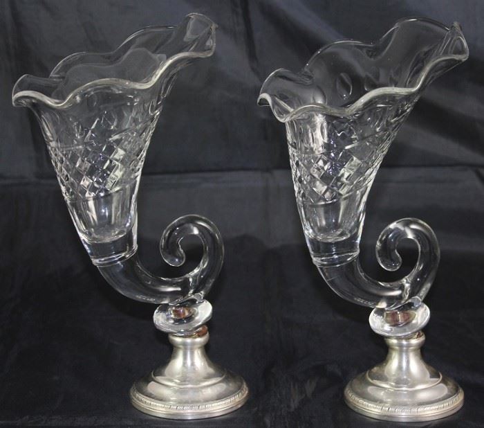 Pair Antique Sterling Base Cut Crystal Cornucopia Epergne Vases (11.5")