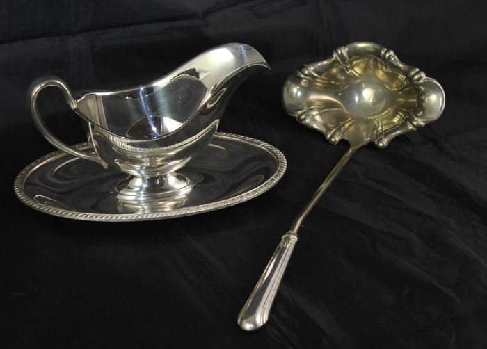 Rogers/Avon "Evandale" Silverplate Gravy Boat with Attached Underplate and Vintage Sterling Hollow Handle Punch Ladle