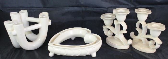 Various White Mid-Century Pottery: Triangle "U" Shapes 6-Slot Bud Vase, Heart Shaped Pansy/Violet Vase and a Pair of Scroll 2-Light Candle Holders