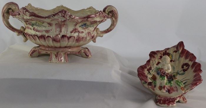 Japan after Capodimonte Hand Painted Center Piece/Console Bowl and Cherub on Sea Shell Sweet Meat Dish 