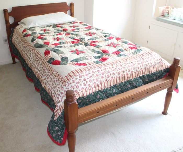 Antique Twin Rope Bed converted to fit a regular mattress set shown with  Double Wedding Ring Quilt.