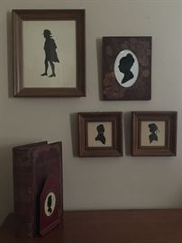 Group of Hand Cut Silhouettes: Full body Man,  Lady in Pyrography Wood Frame and a Pair Signed LSZ