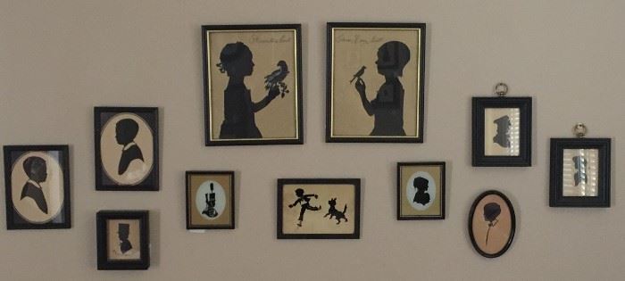 A great Collection of Handcut Silhouettes:  Top Center "Henrietta & Sir Thomas Nevill with Birds", Twin Brothers signed Louita,  Inscribed "Henry Lowell Stanford 1840" with Top Hat,  Silhouettes on glass: Soldier, Boy with Dog and Young Lady, Pair Young Lad with Sister signed LSZ and Boy with Bowtie in Oval frame