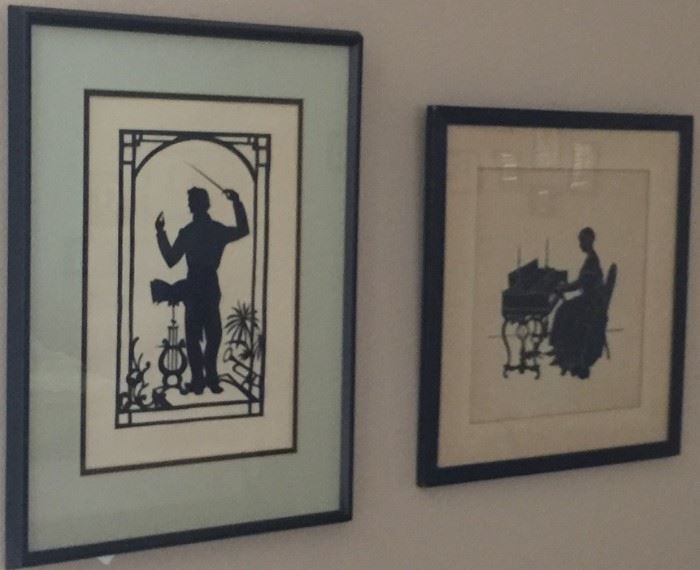Large  Framed Hand  Cut  Orchestra Conductor Silhouette Art Work signed by Artist J. Rudisill 1983 and Lady at Piano by Silhouettist Doris Burdick born 1898 daughter to Horace of Malden Mass.