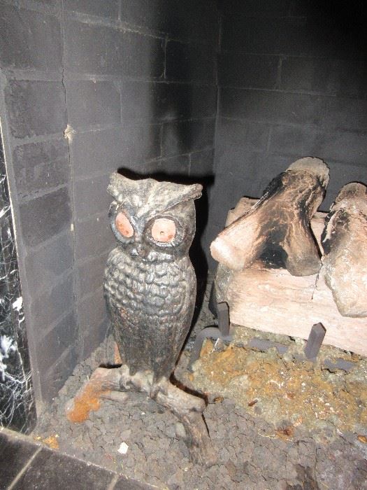 Pair of cast iron owl andirons 