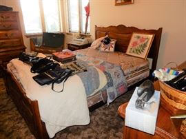Bedroom # 2, with Blankets, Quilts, Purses, Perfumes, Clothing, Vintage Shoe brushes, IBM Typewriter, TV, 2 Dressers, Night table, FILLED