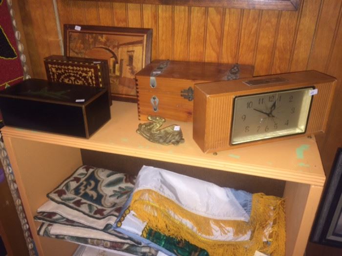 vintage boxes, clock and textiles