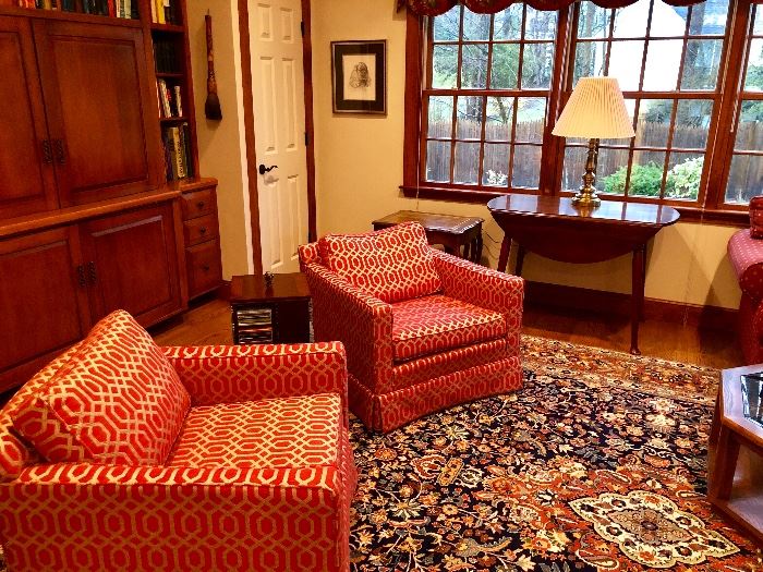 Small armchairs, oriental rugs, drop leaf table with another Stiffel table lamp