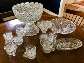 Beautiful cut glass punch bowl with pressed glass cups - other pieces as well in remarkable condition!