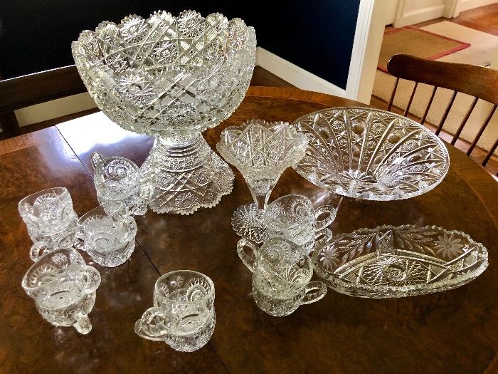 Beautiful cut glass punch bowl with pressed glass cups  - other pieces as well in remarkable condition!